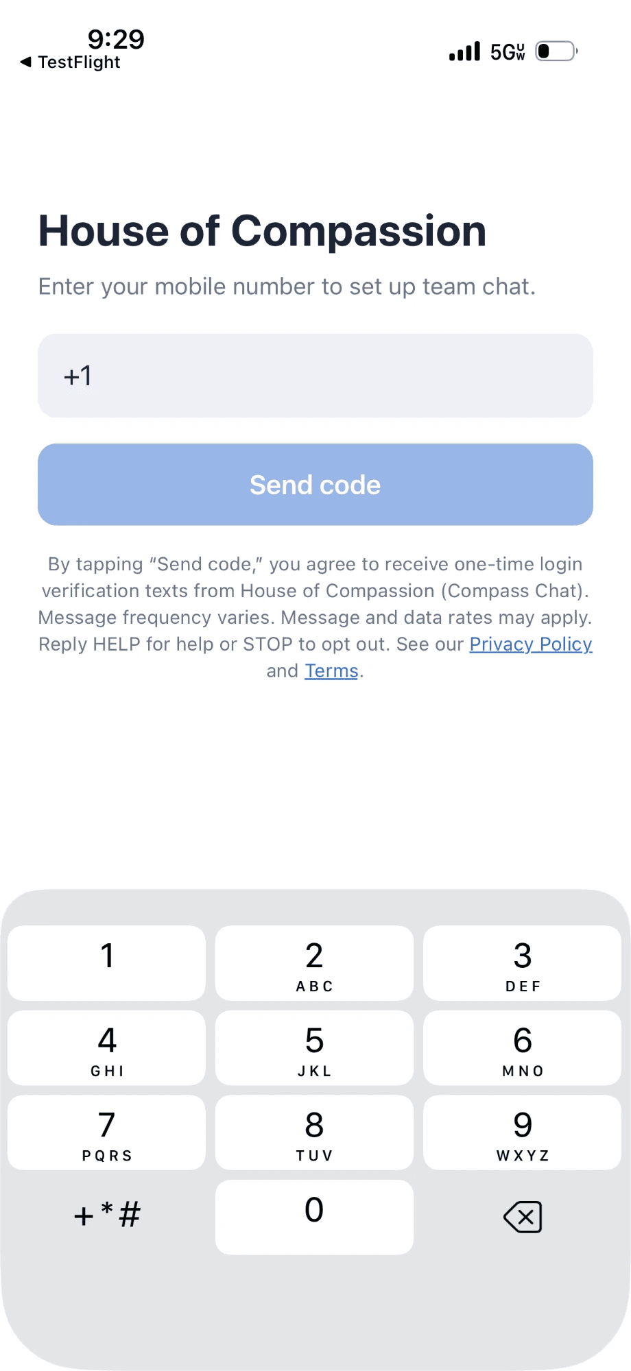 Compass Chat sign-in screen: a mobile number field, a Send code button, and the SMS consent disclosure directly beneath the button.